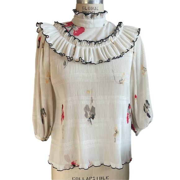 Ganni Pleated Ruffled Cream Floral Lowell Blouse Shirt Size 36 US 4 - Picture 1 of 11